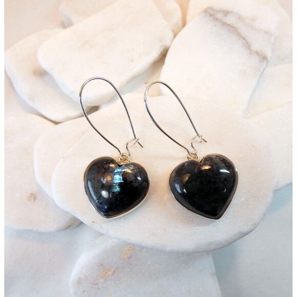 Natural Larvikite Black Moonstone Sterling Silver Earrings Heart Shaped Handmade - Picture 5 of 6